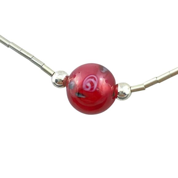 Red Floral Design Glass Bead Station Necklace | NWOT Sterling Silver 925 | 16" - Picture 2 of 6